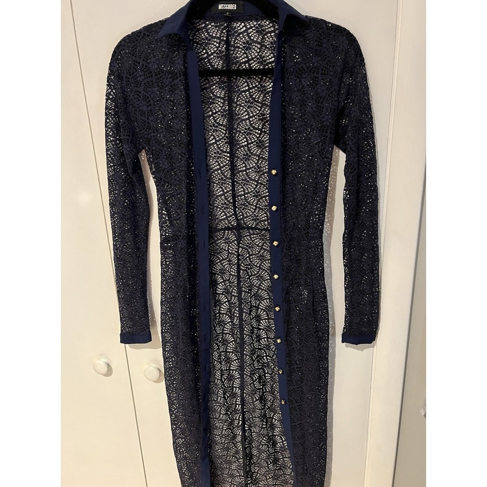 Missguided Women's Navy Blue Lace Bodycon‎ Dress Size 6 See Through Gold Button